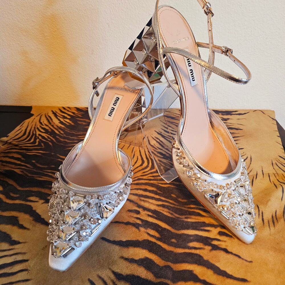 Miu Miu PRADA Swarovski Emb Silver Satin Heel Pump SB NEW